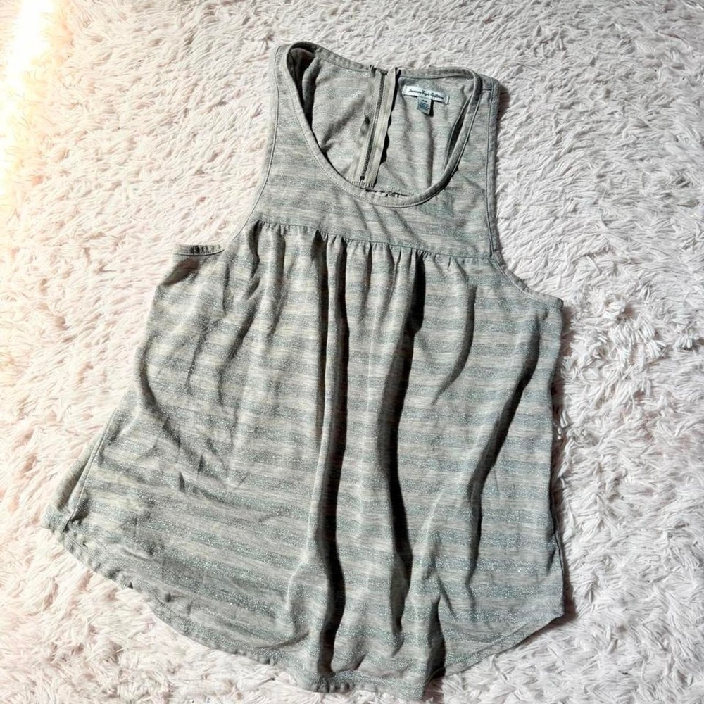 American Eagle Striped Glitter Sheer Muted Gathered Tank Womens M Muted Preppy